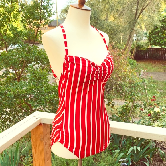 Vintage Other - VTG Cheryl Tiegs Candy Apple Red Striped Swimsuit